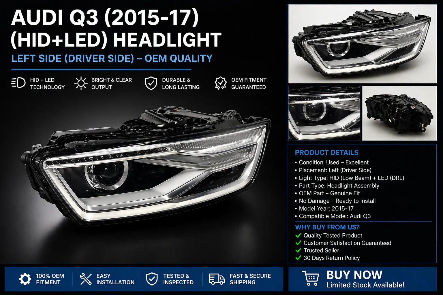 Headlight Assembly For Audi Q3 (2015-17) (HID+LED)