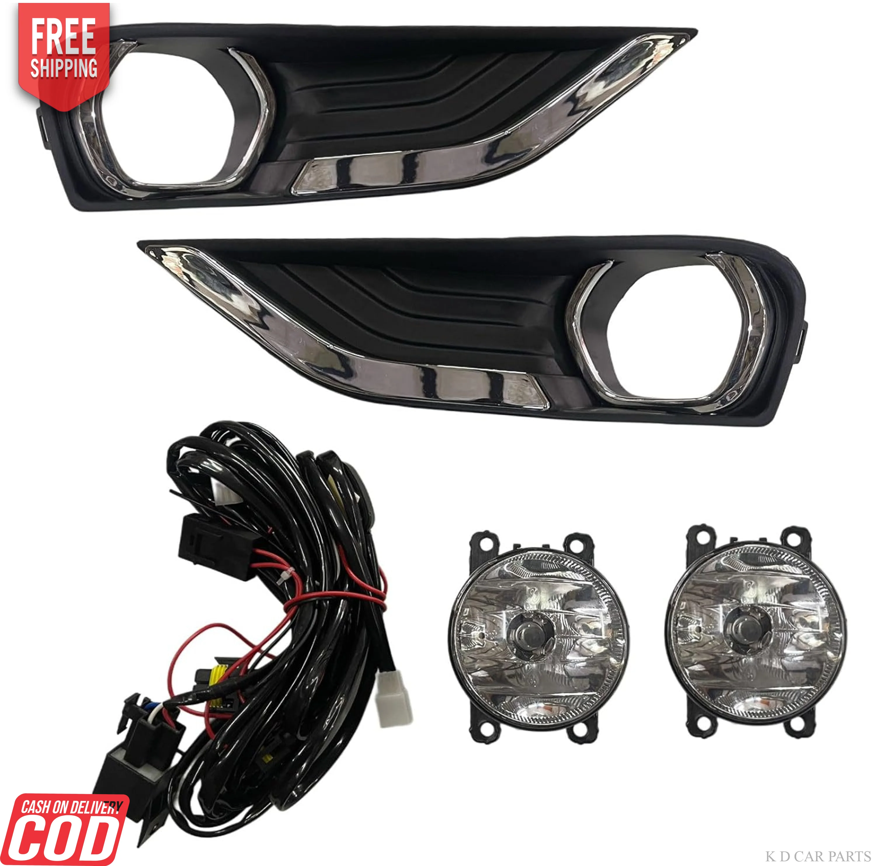 K D Fog Lamp Kit for Tiago 2020-Present, Complete Set with Wiring Harness and Chrome Bezels
