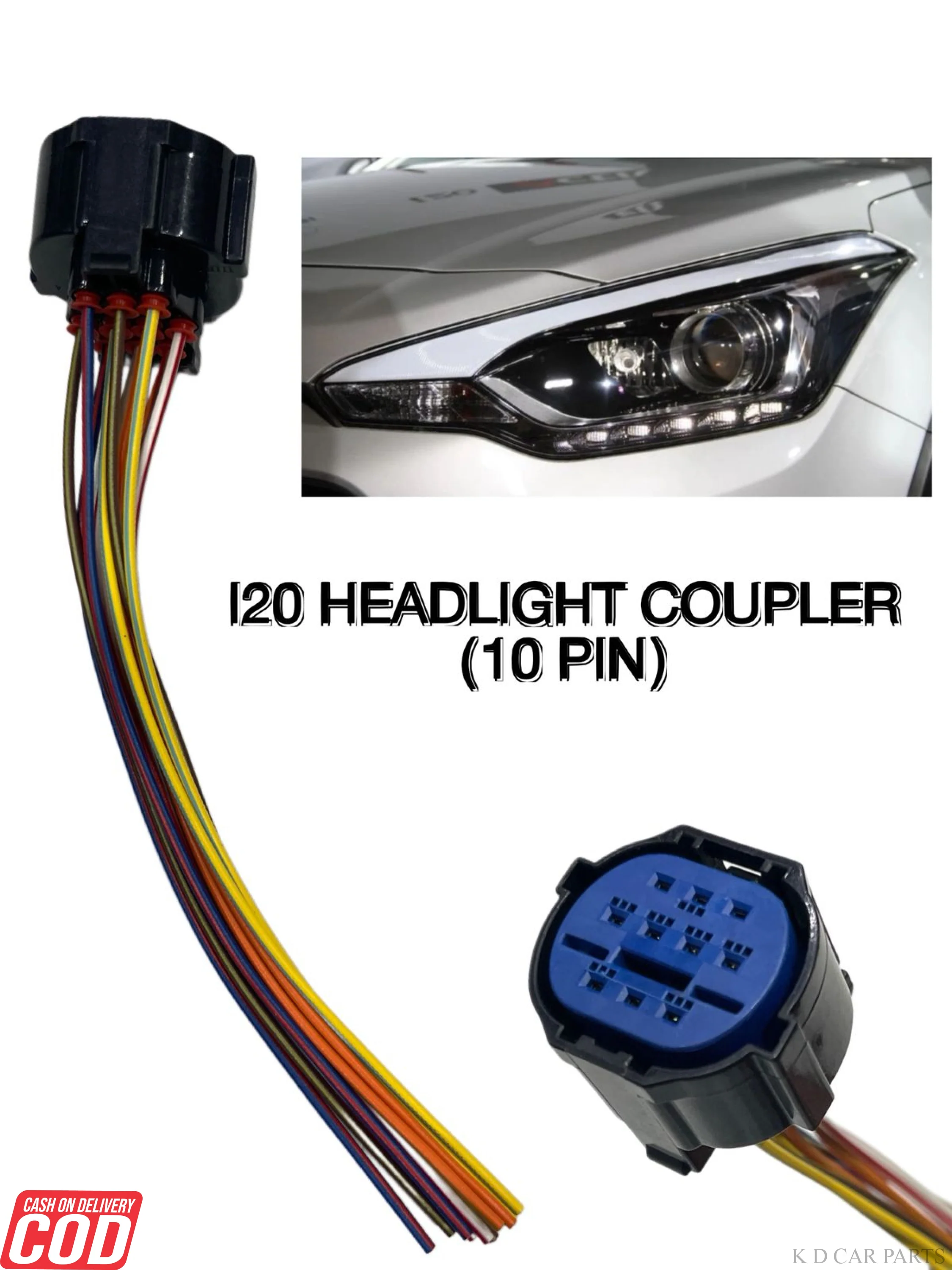 K D I20 Headlight Coupler, 10 Pin Connector, Compatible with Hyundai I20, Automotive Wiring Harness Adapter