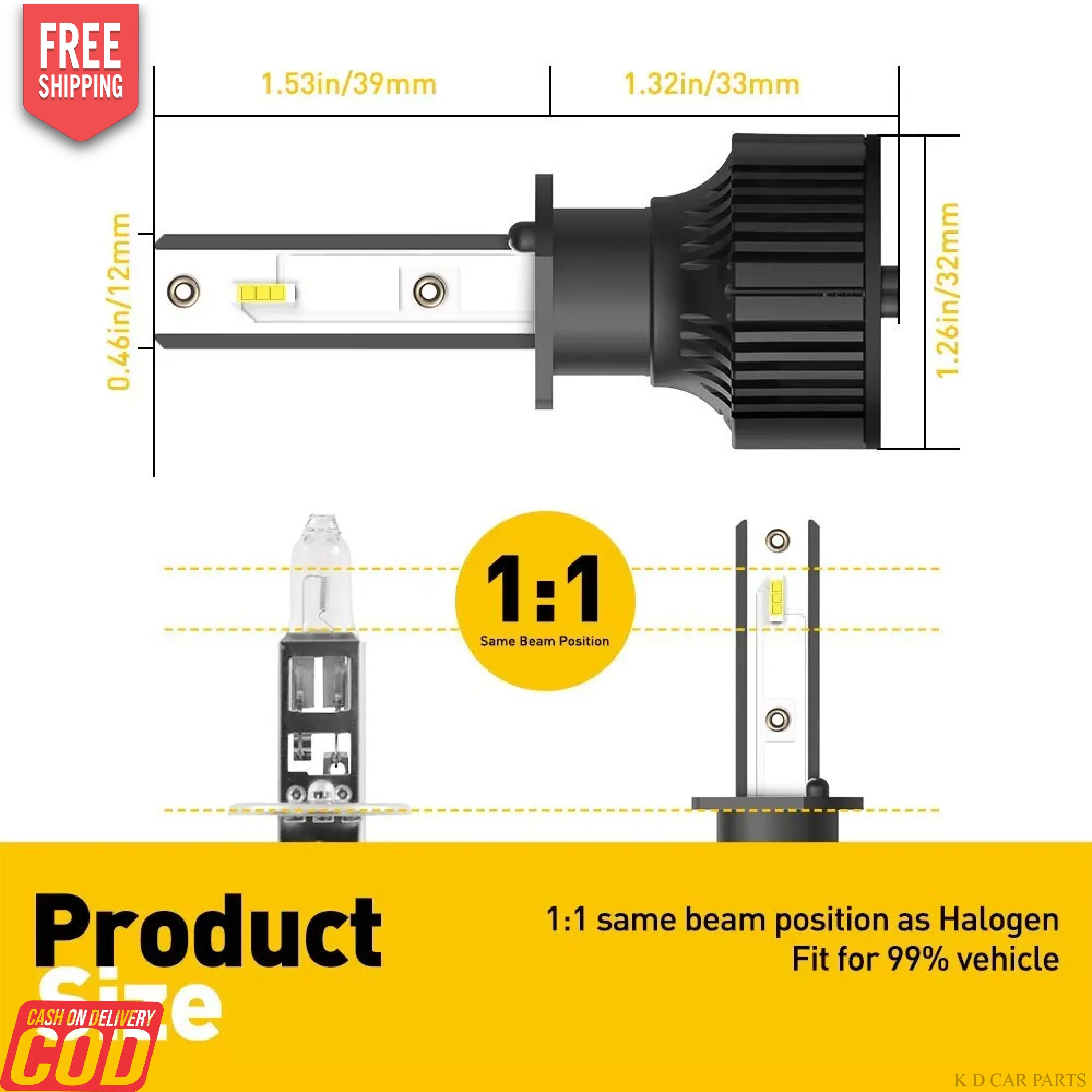 WHITE H1  LED HEADLIGHT BULB (HIGH QUALITY) PAIR - Image 2